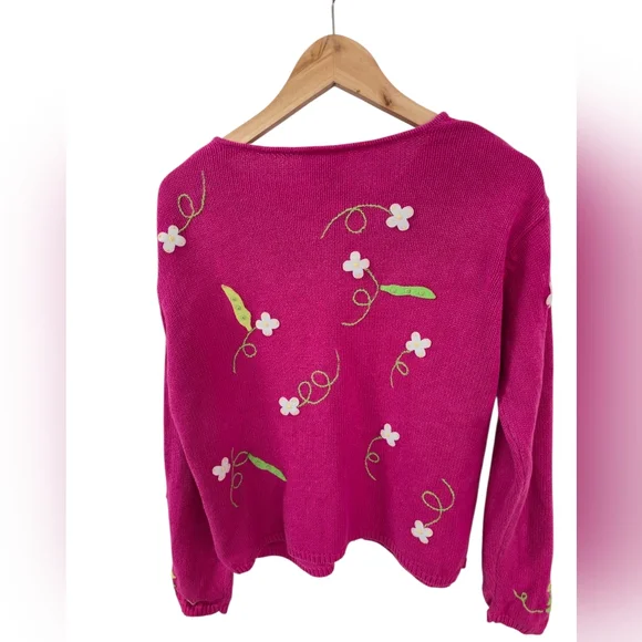 Talbots Pink Ramie Blend Cardigan Felt Sweet Peas Floral Embroidery Size Medium - Picture 4 of 13